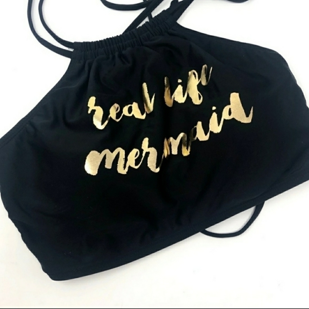 Arizona Real Life Mermaid Strappy Bikini Top Black Gold Font Medium M Sexy EUC